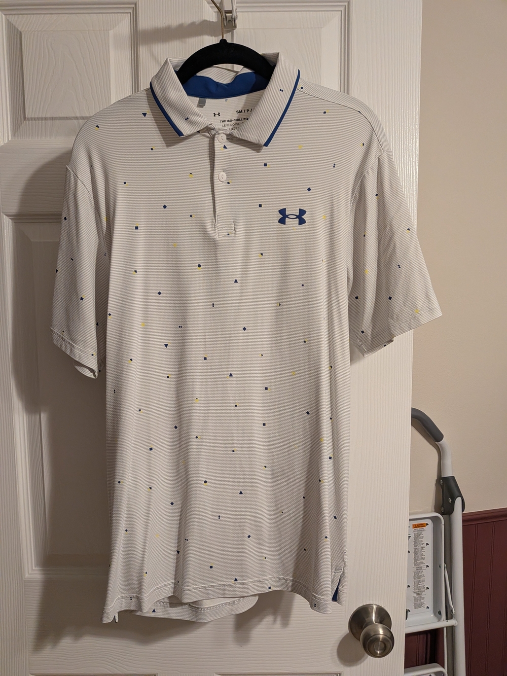 Under Armour White Polo with Blue Logo and Yellow Accent Dots